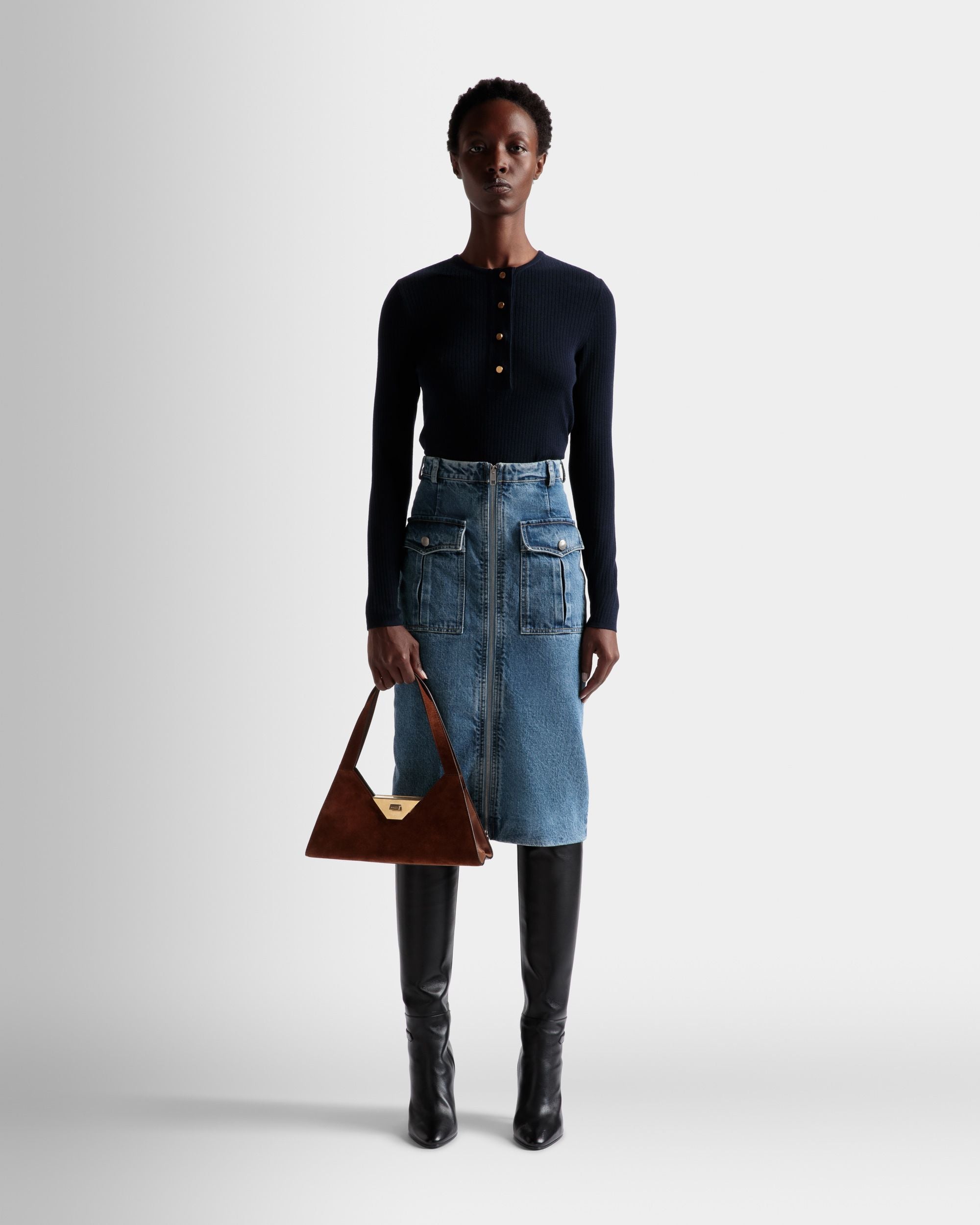 Trilliant Small Shoulder Bag | Women's Shoulder Bag | Brown Suede Leather | Bally | On Model Front