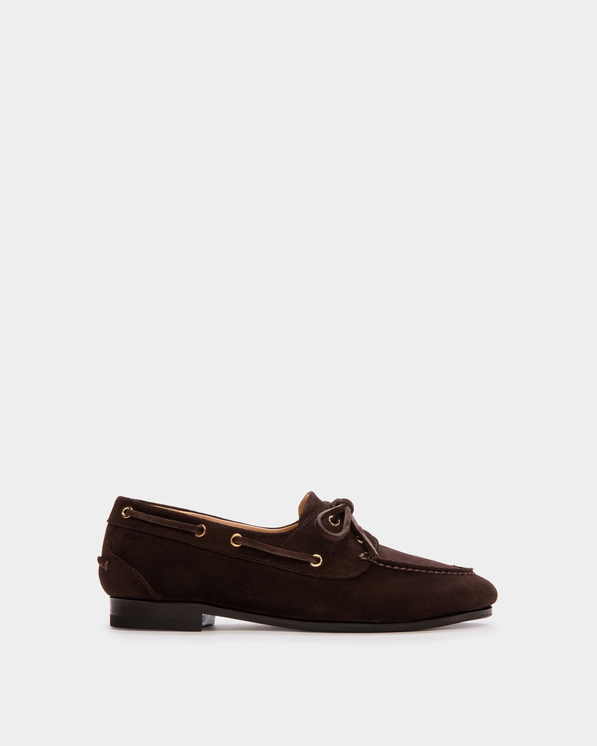 Plume | Women's Moccasin in Dark Brown Suede | Bally | Still Life Side