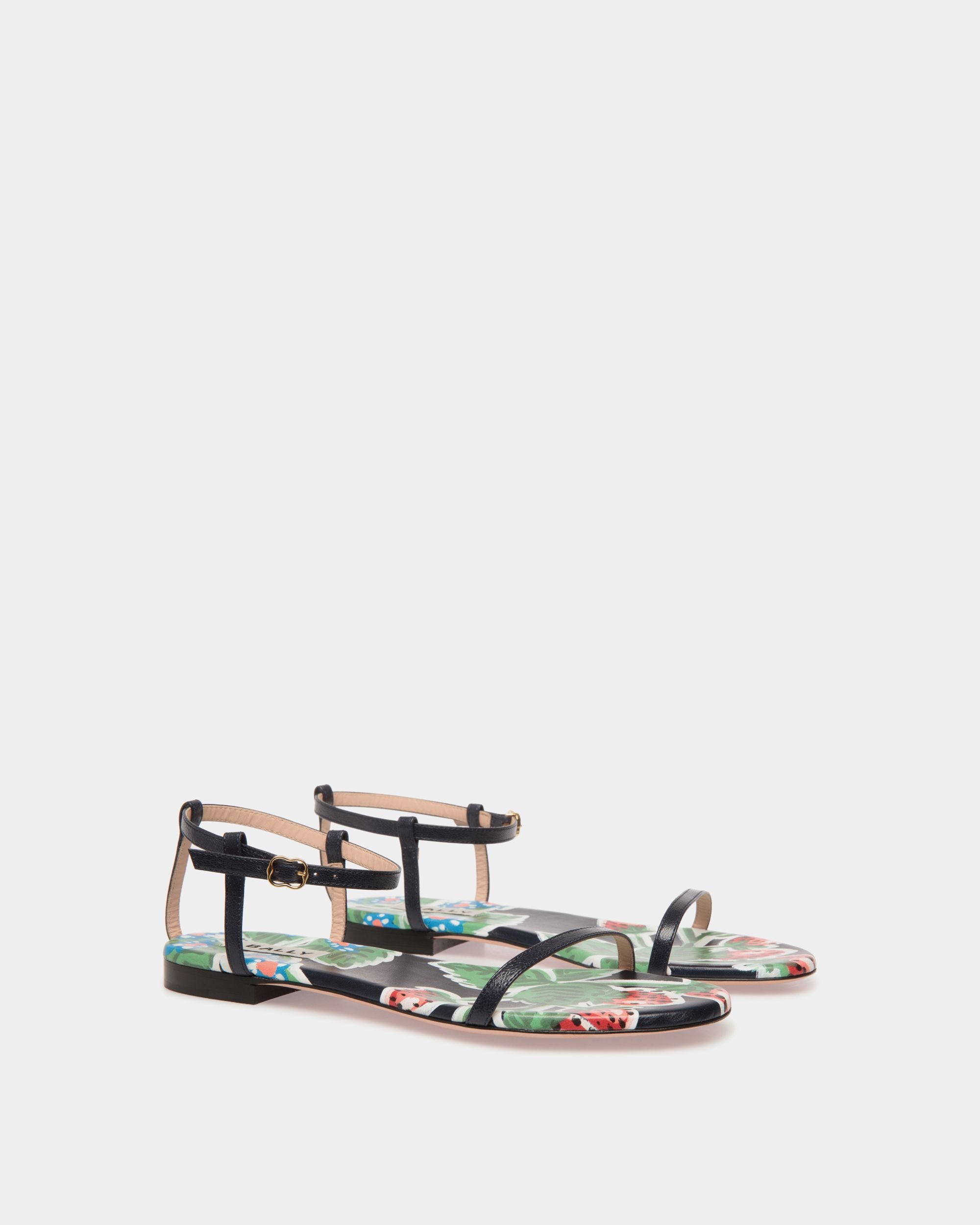 Katy | Women's Flat Sandal in Strawberry Print Brushed Leather | Bally | Still Life 3/4 Front