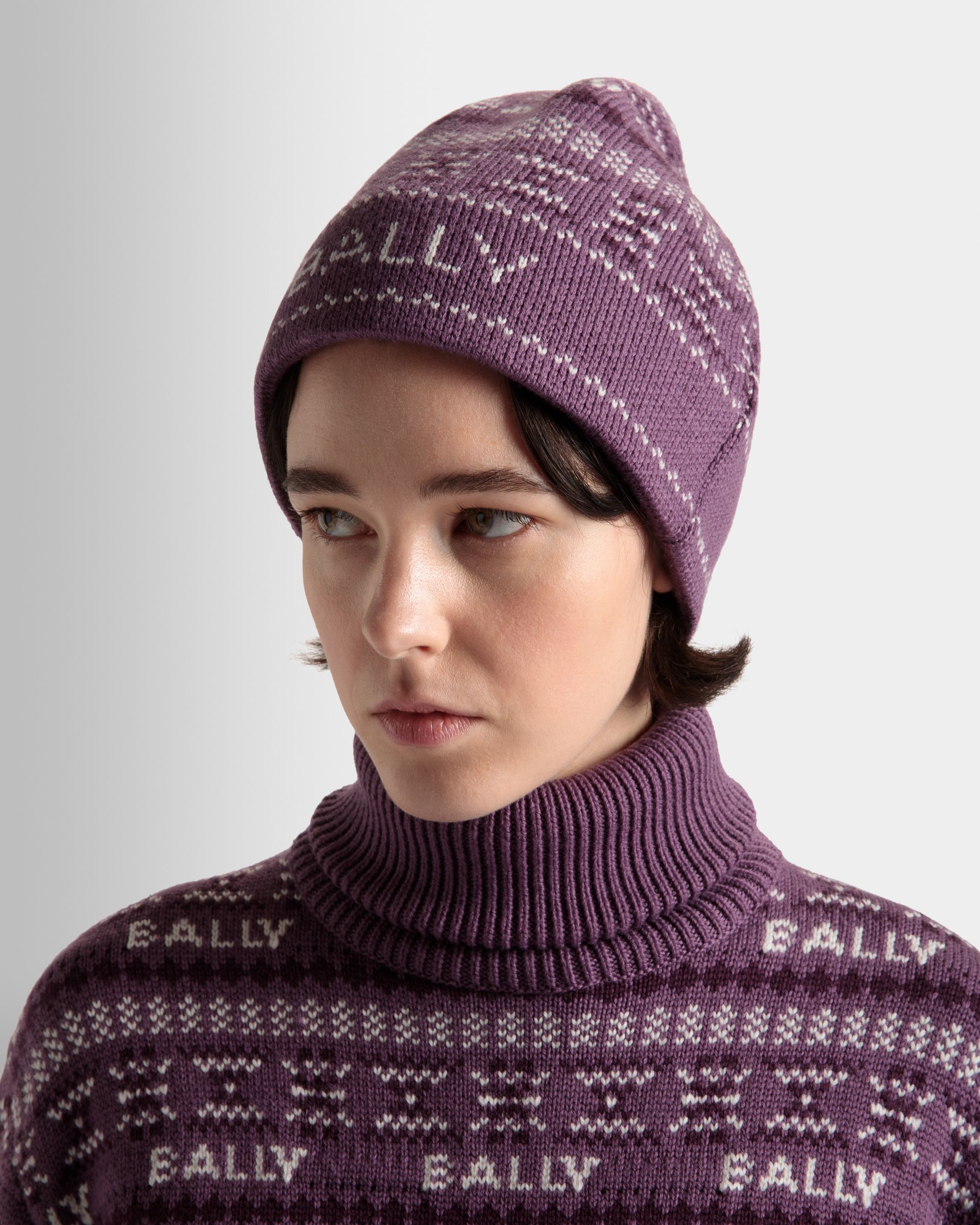 Women's Beanie in Purple Wool | Bally | On Model Front