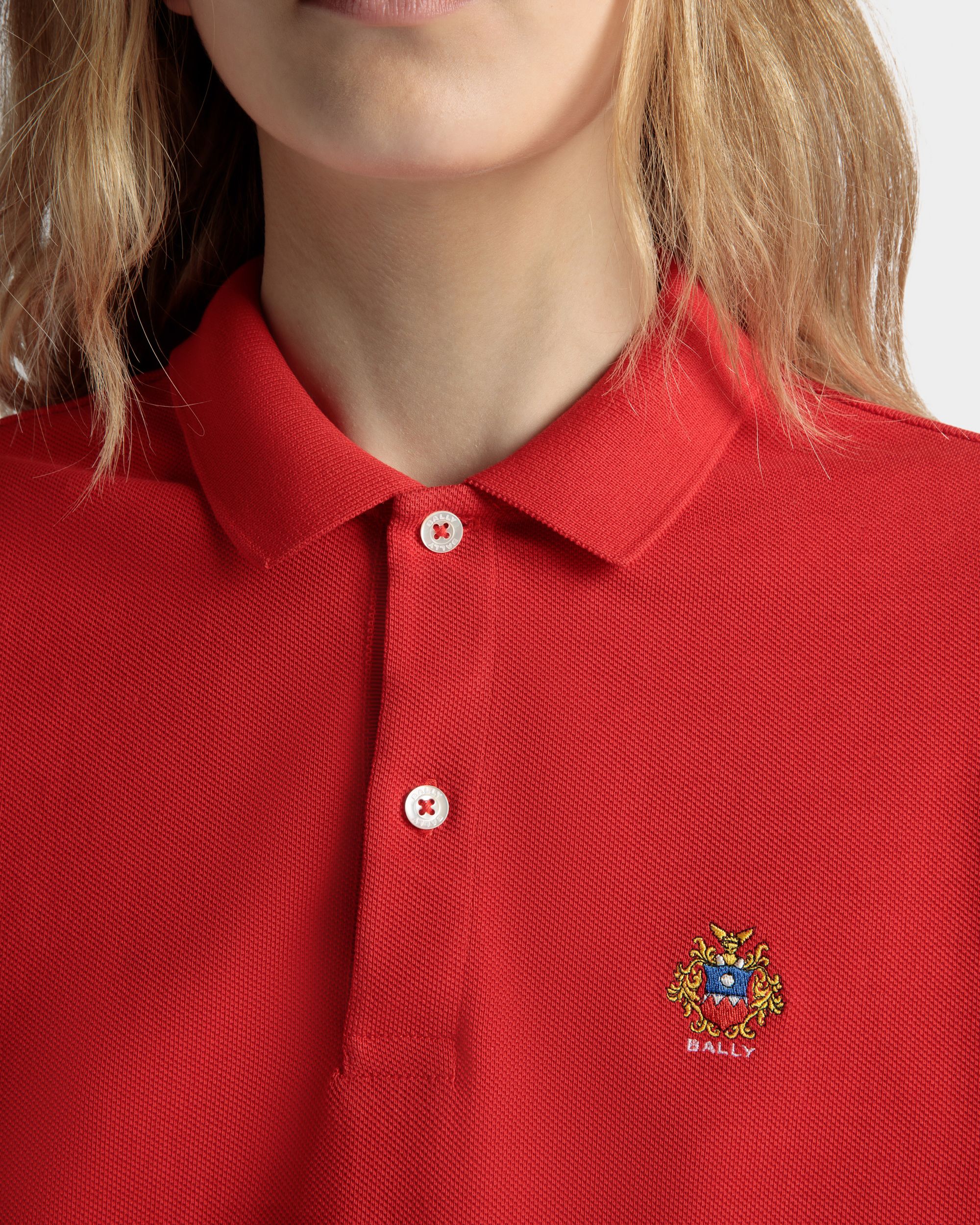 Women's Short Sleeve Polo in Red Cotton | Bally | On Model Detail