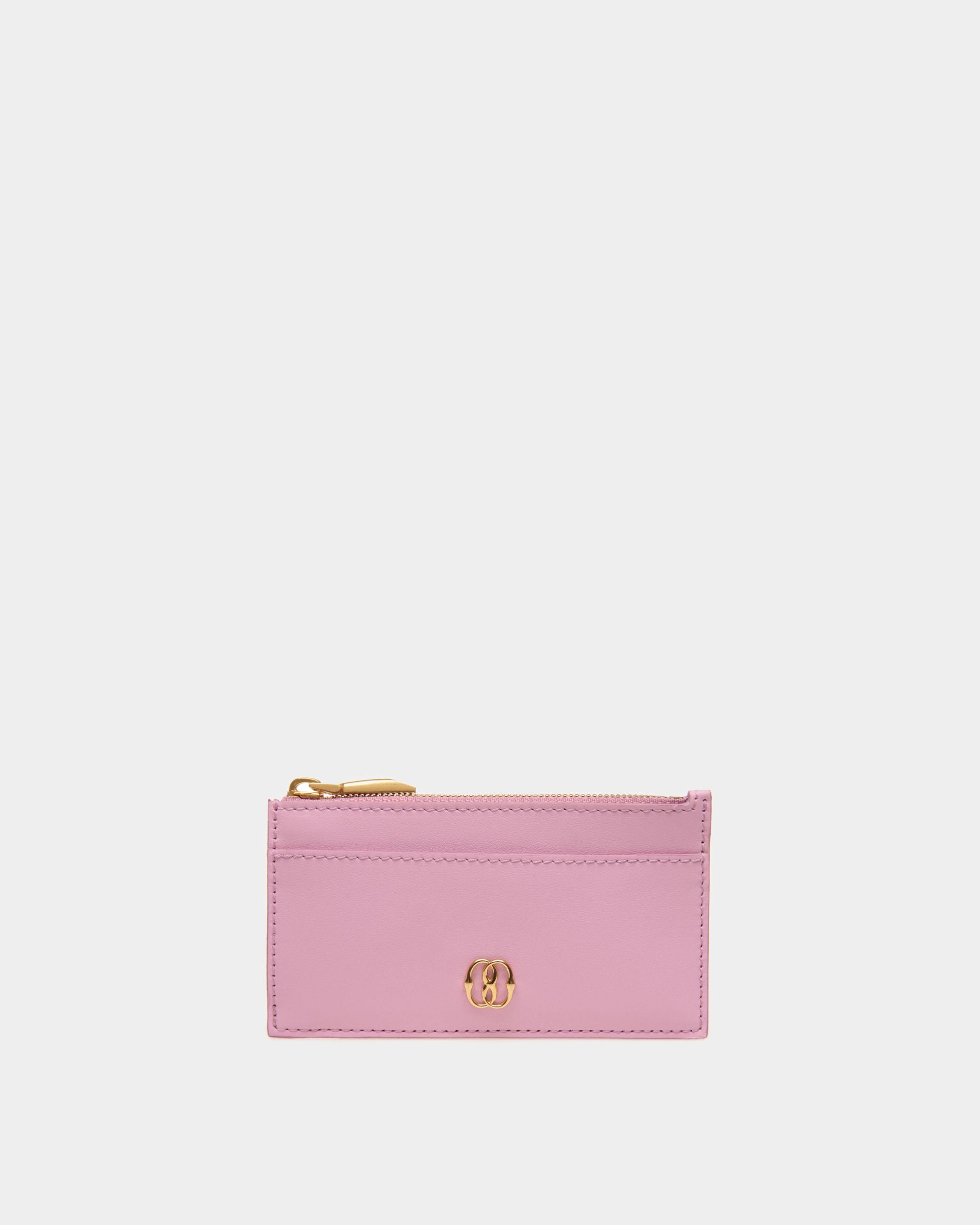Emblem | Women's Zipped Card Holder in Pink Leather | Bally | Still Life Front