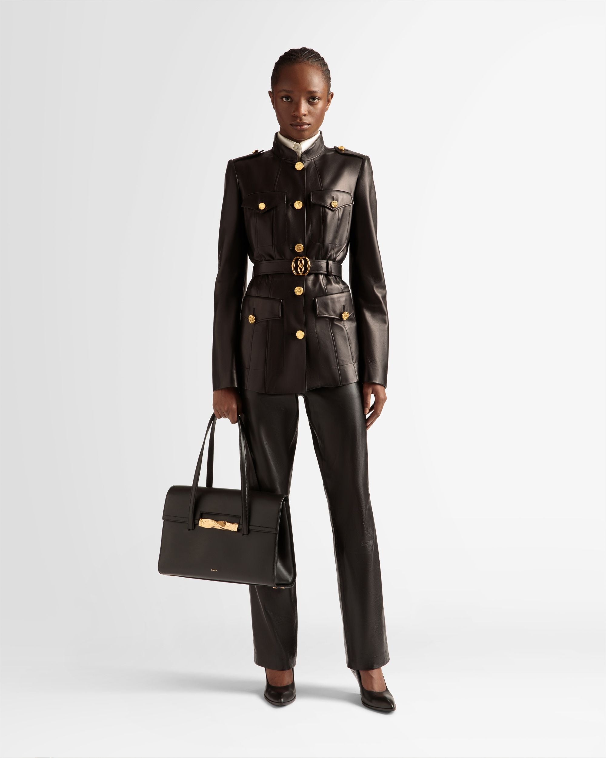 Belted Jacket | Women's Outerwear | Black Leather | Bally | On Model Front