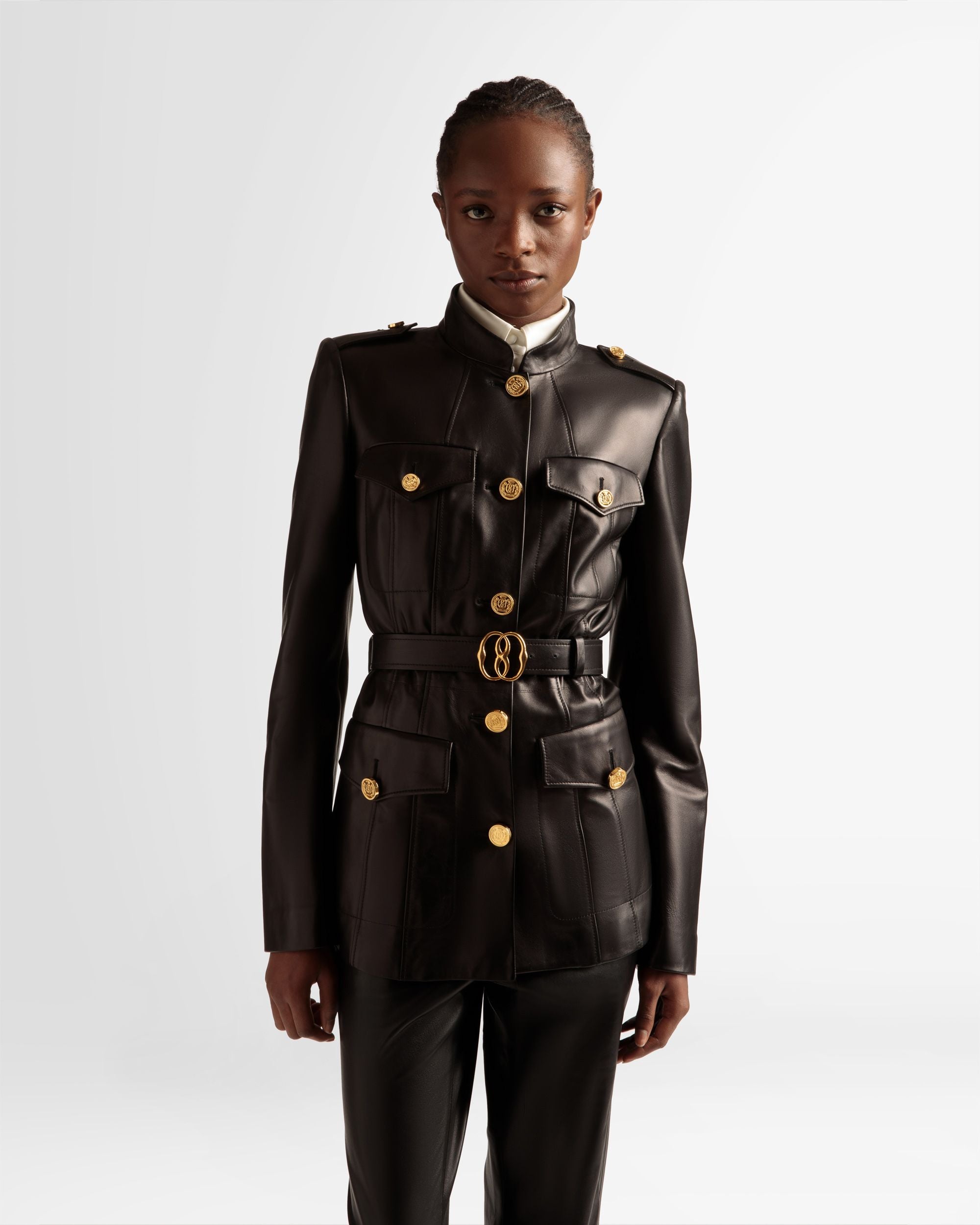 Belted Jacket | Women's Outerwear | Black Leather | Bally | On Model Close Up