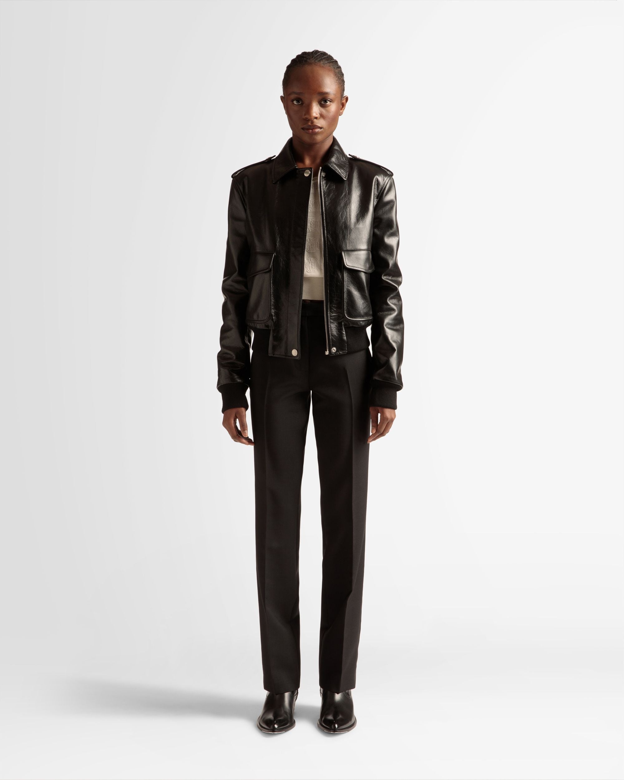 Bomber Jacket | Women's Outerwear | Black Leather | Bally | On Model Front