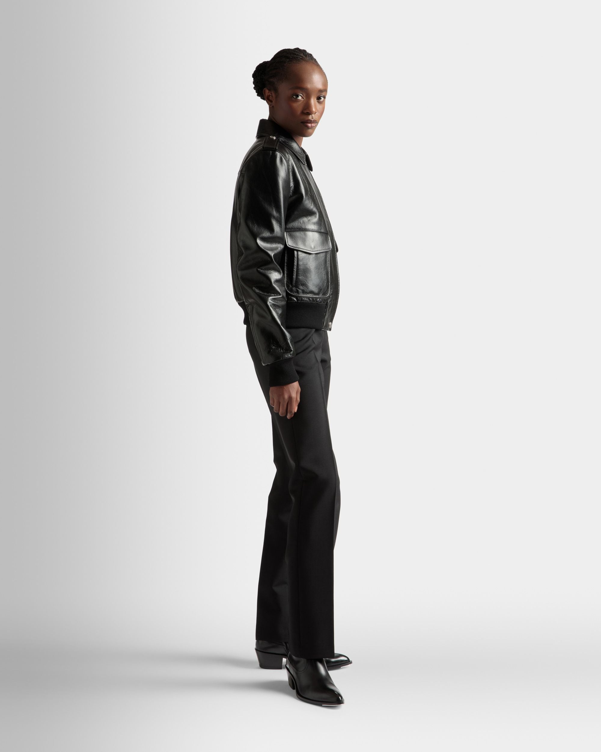 Bomber Jacket | Women's Outerwear | Black Leather | Bally | On Model 3/4 Front
