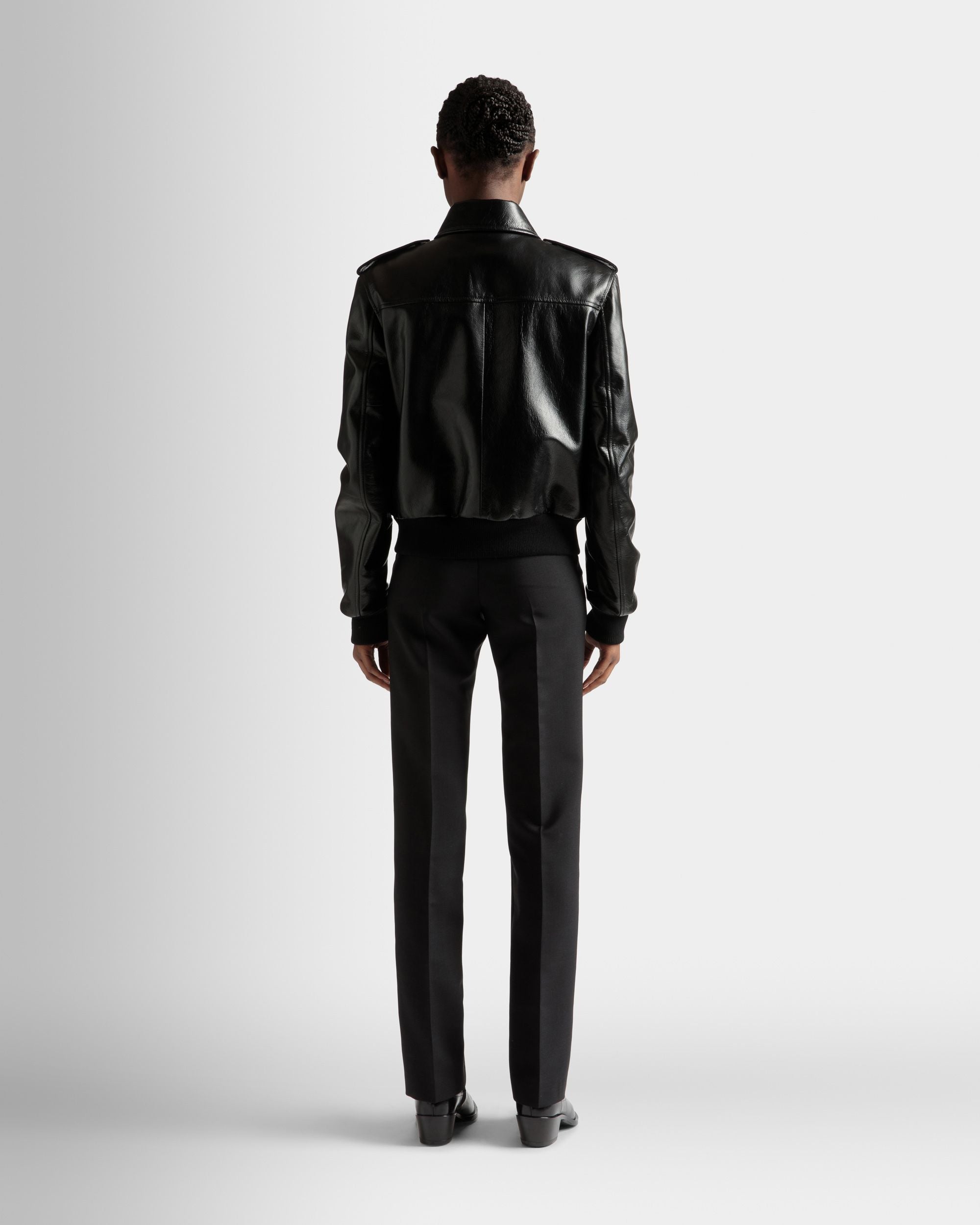 Bomber Jacket | Women's Outerwear | Black Leather | Bally | On Model Back
