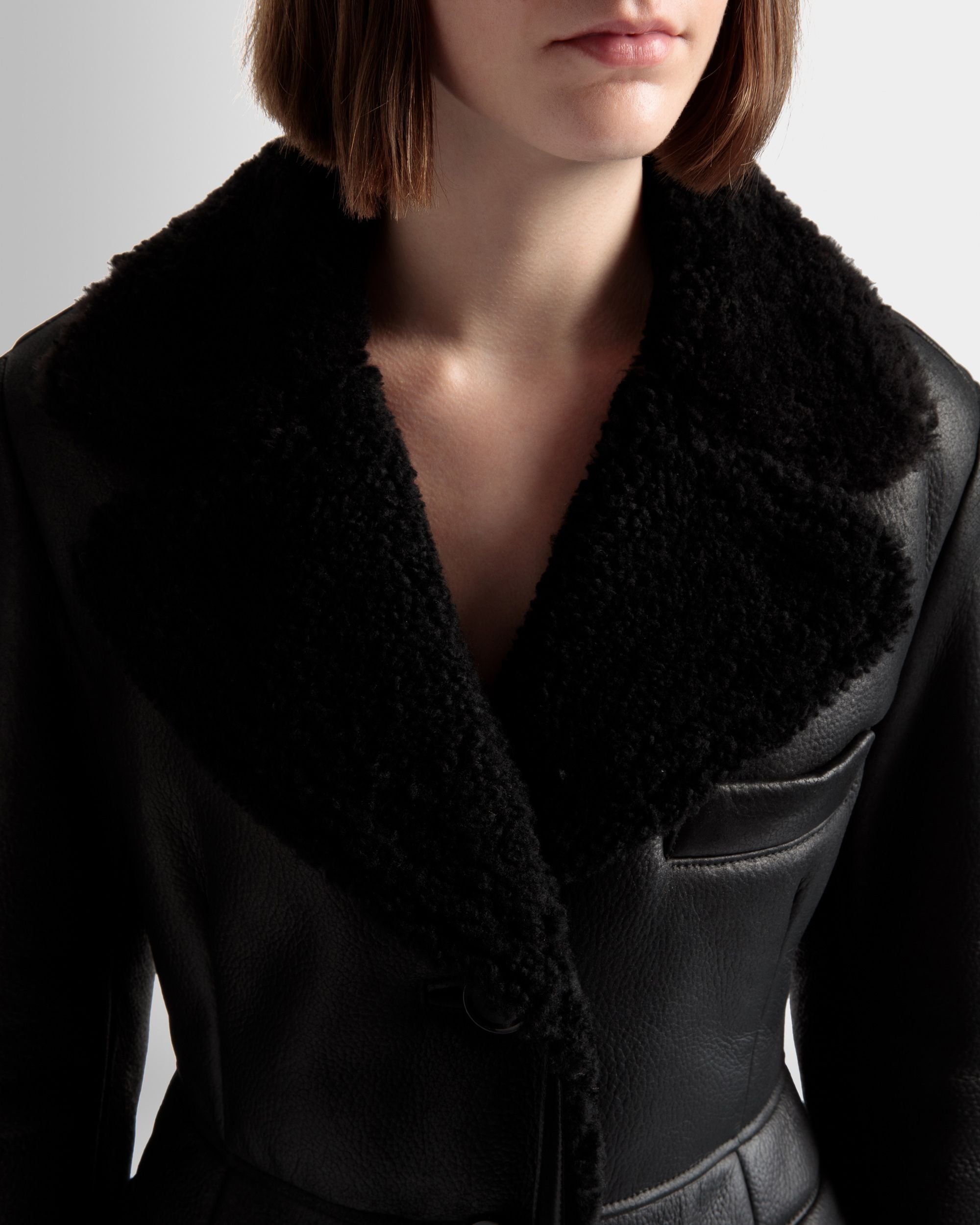 Wool-lined Coat | Women's Coat | Black Leather | Bally | On Model Detail