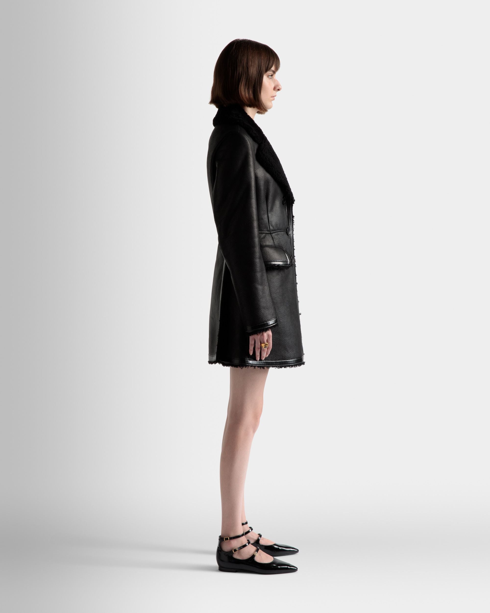 Wool-lined Coat | Women's Coat | Black Leather | Bally | On Model 3/4 Front