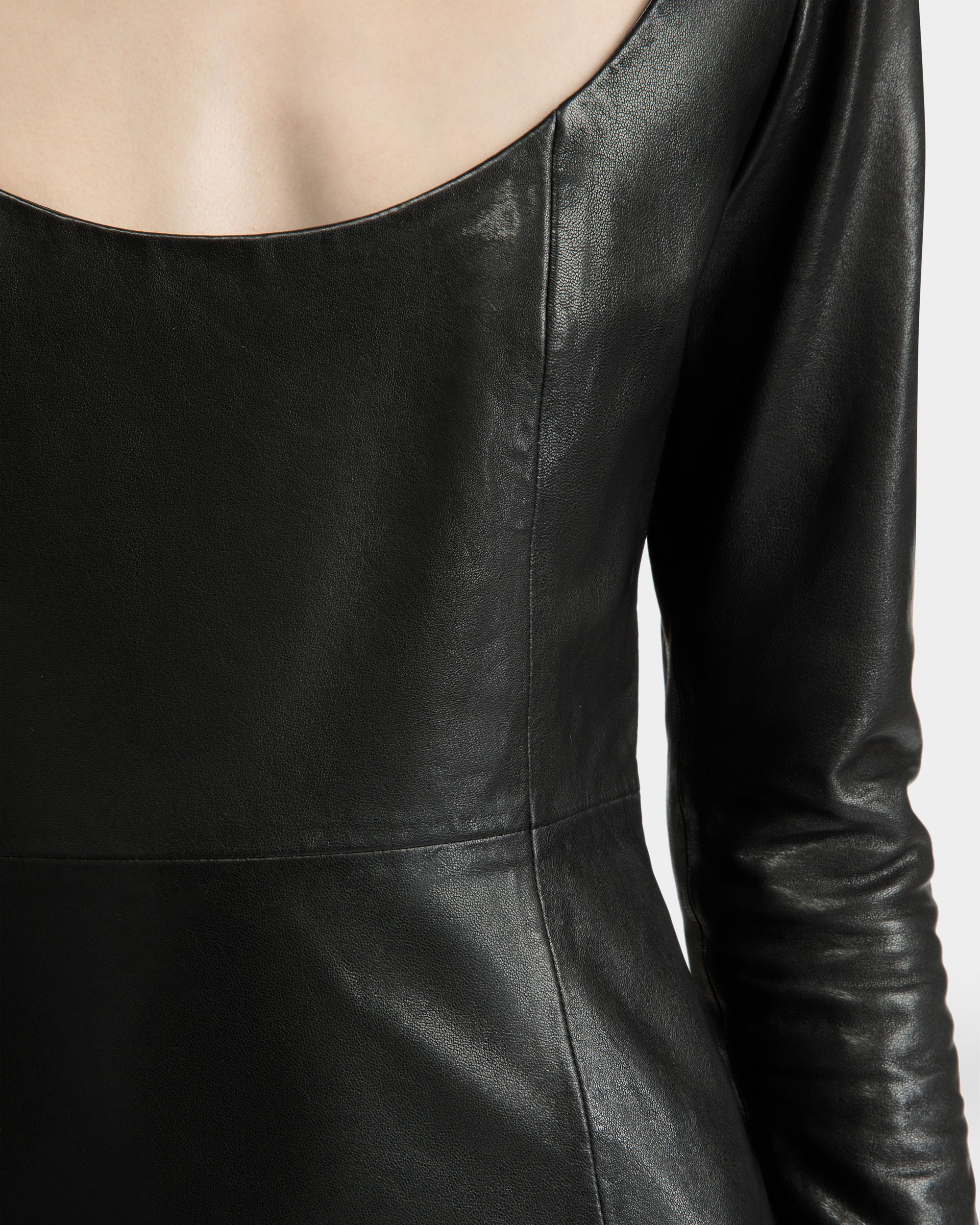 Women's Long Sleeve Mini Dress in Black Leather | Bally | On Model Detail