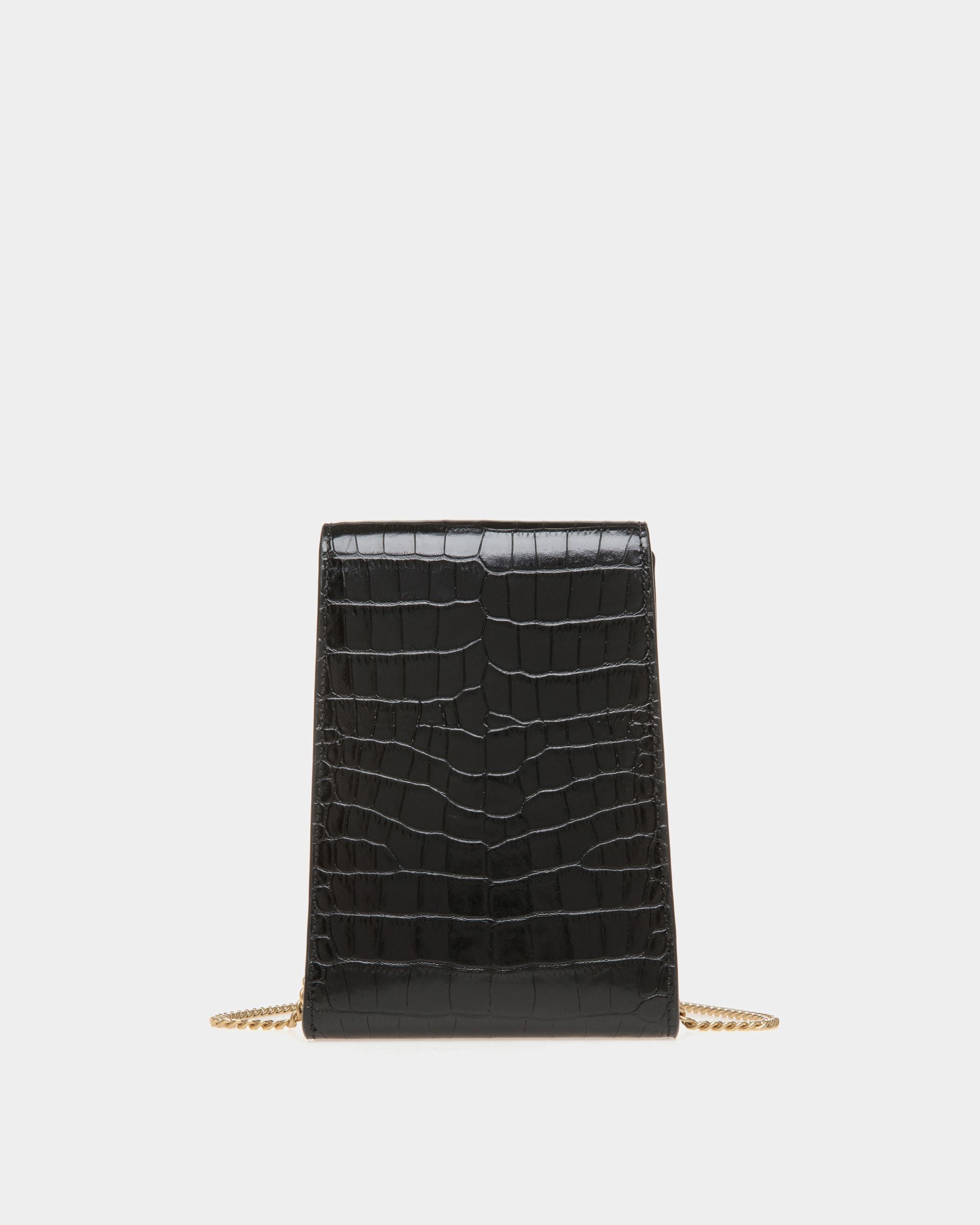 Tilt | Women's Phone Bag in Black Crocodile Print Leather | Bally | Still Life Back