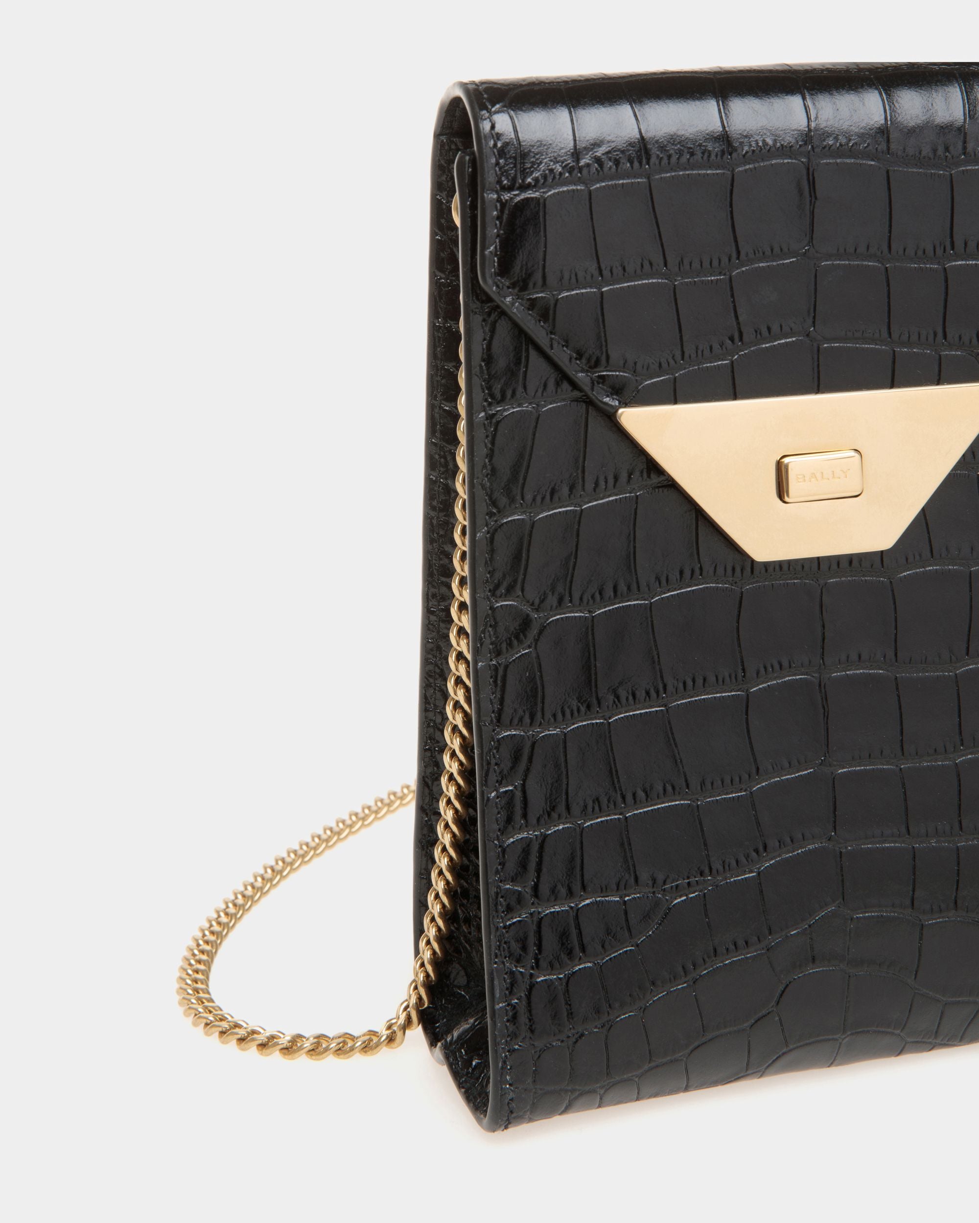Tilt | Women's Phone Bag in Black Crocodile Print Leather | Bally | Still Life Detail