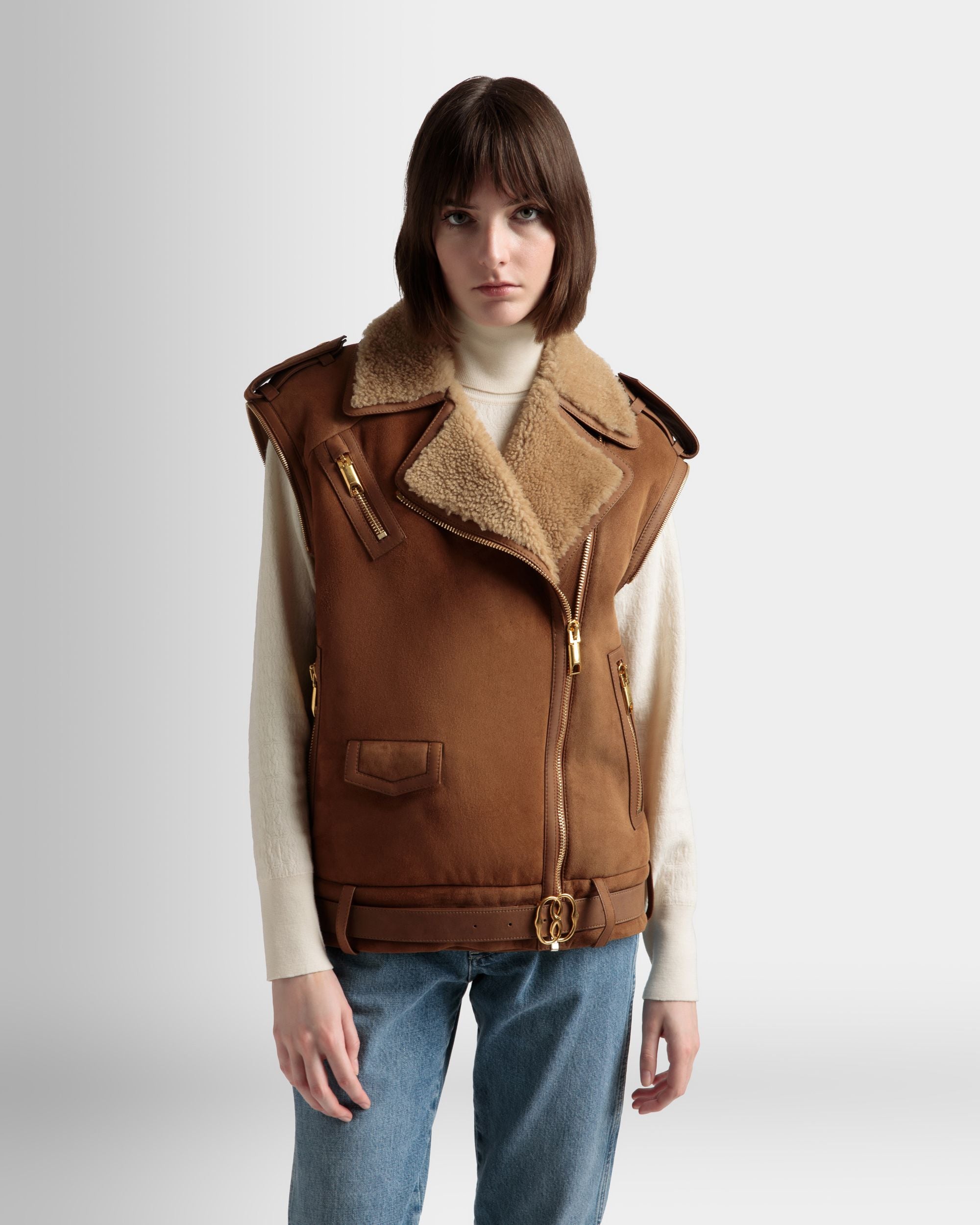 Double Breasted Shearling Jacket | Women's Outerwear | Brown Suede | Bally | On Model Close Up
