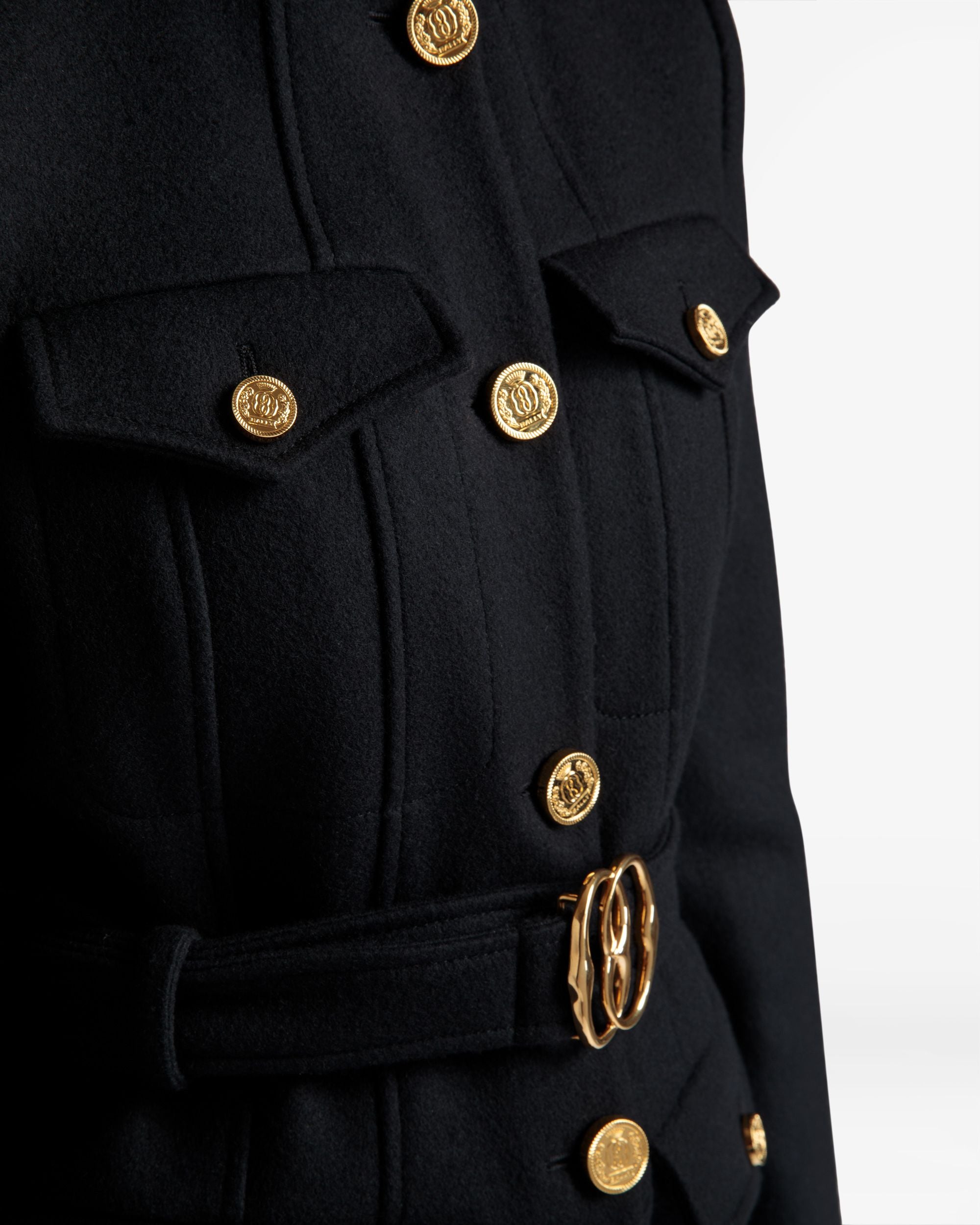 Belted Jacket | Women's Outerwear | Navy Wool | Bally | On Model Detail