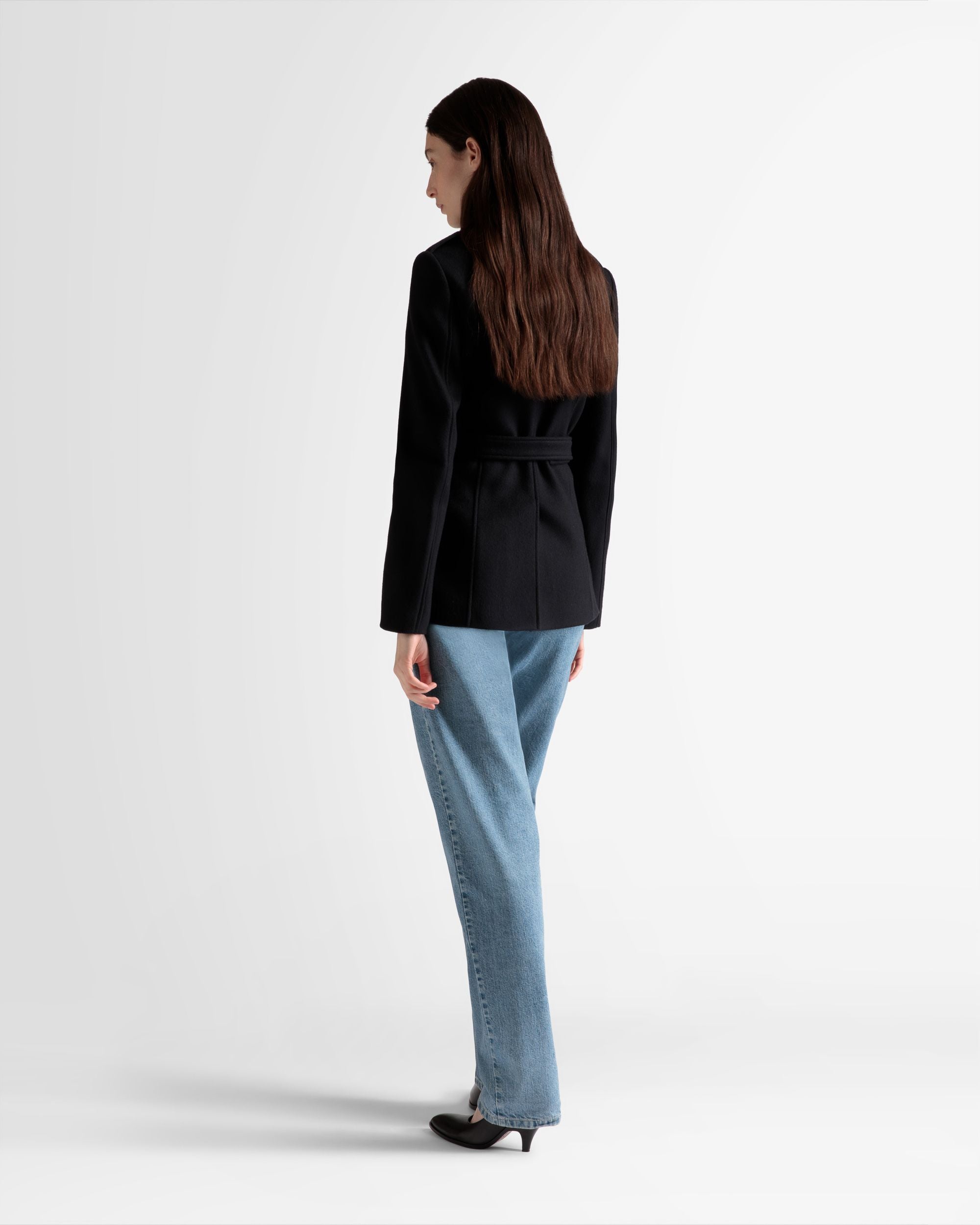 Belted Jacket | Women's Outerwear | Navy Wool | Bally | On Model Back