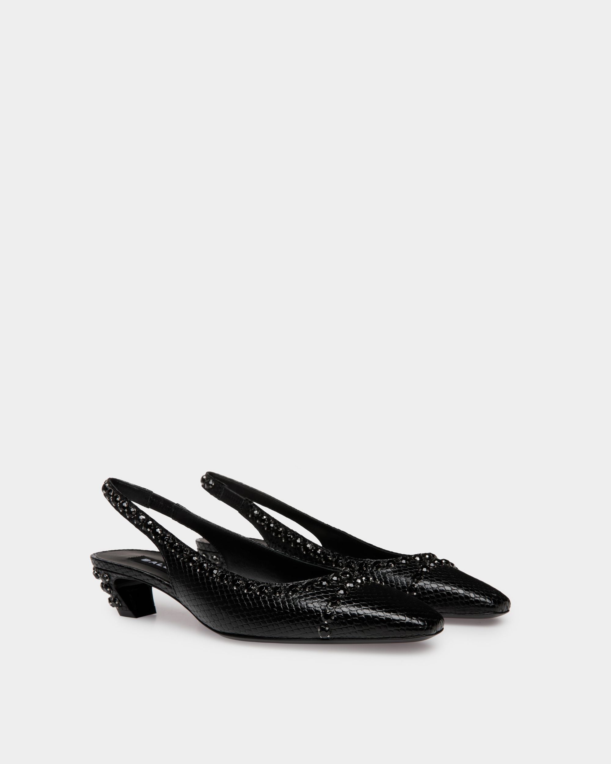 Sylt | Women's Slingback Pump in Black Python Printed Leather | Bally | Still Life 3/4 Front