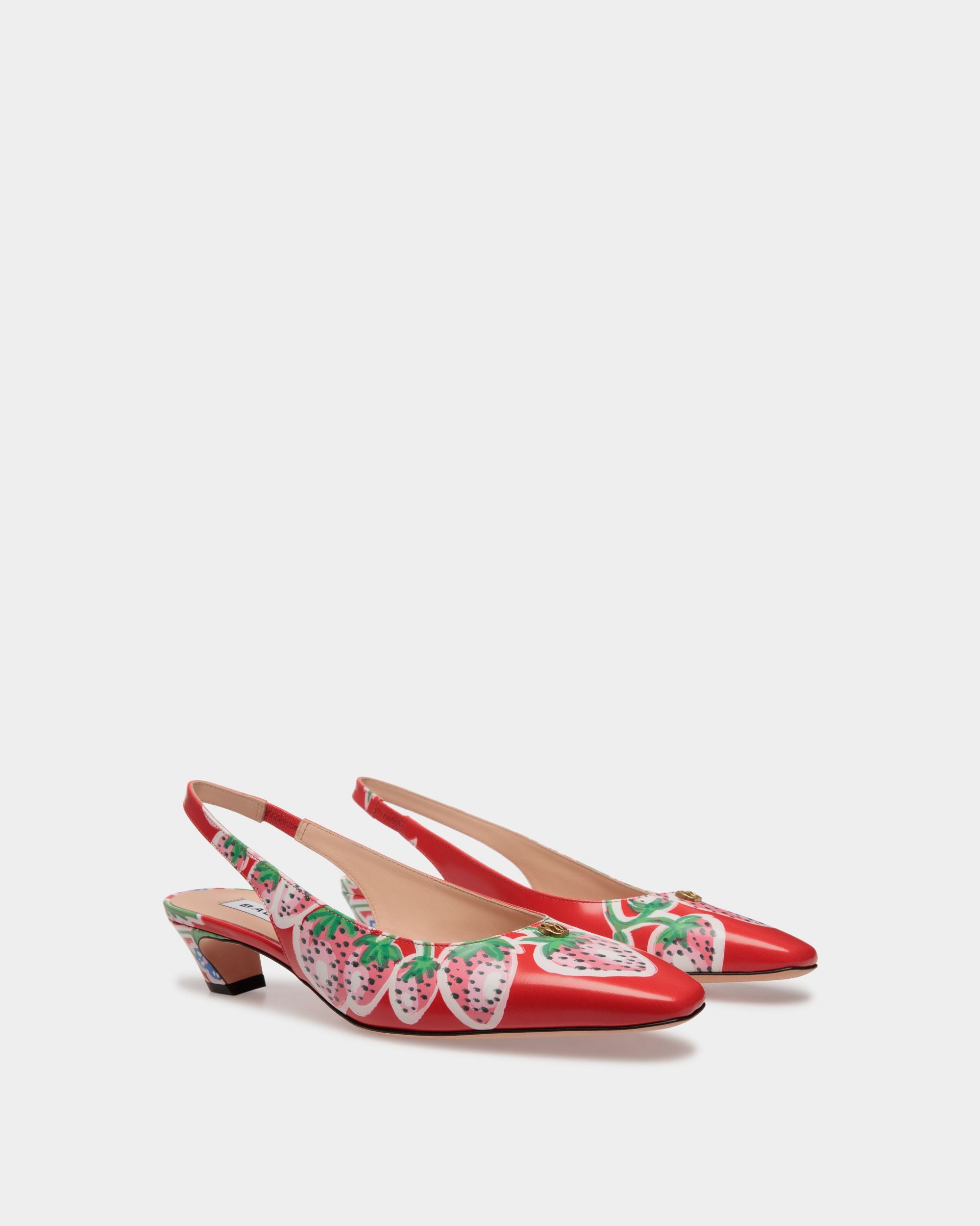 Sylt | Women's Slingback Pump in Strawberry Print Brushed Leather | Bally | Still Life 3/4 Front