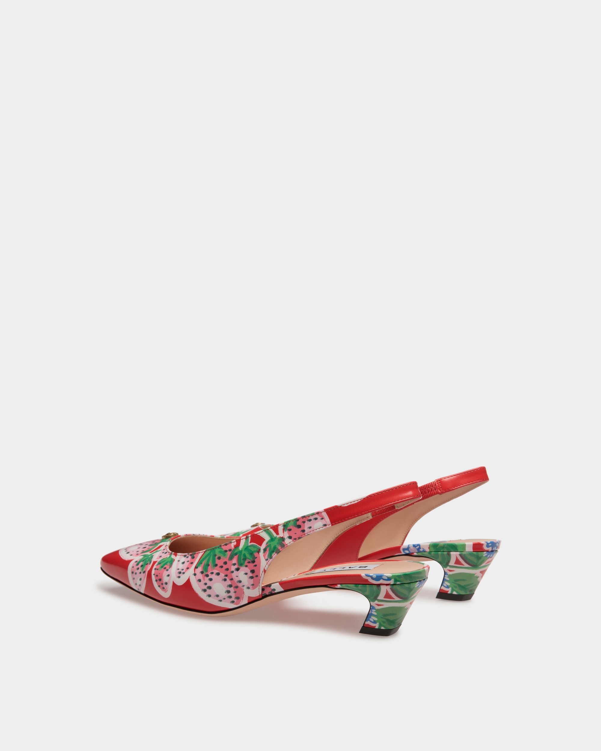 Sylt | Women's Slingback Pump in Strawberry Print Brushed Leather | Bally | Still Life 3/4 Back