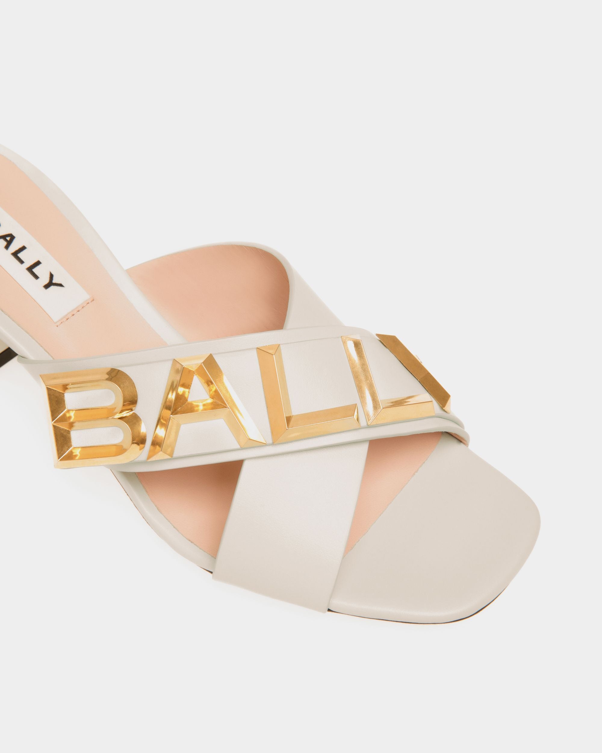 Bally Spell | Women's Heeled Slide in White Leather | Bally | Still Life Detail