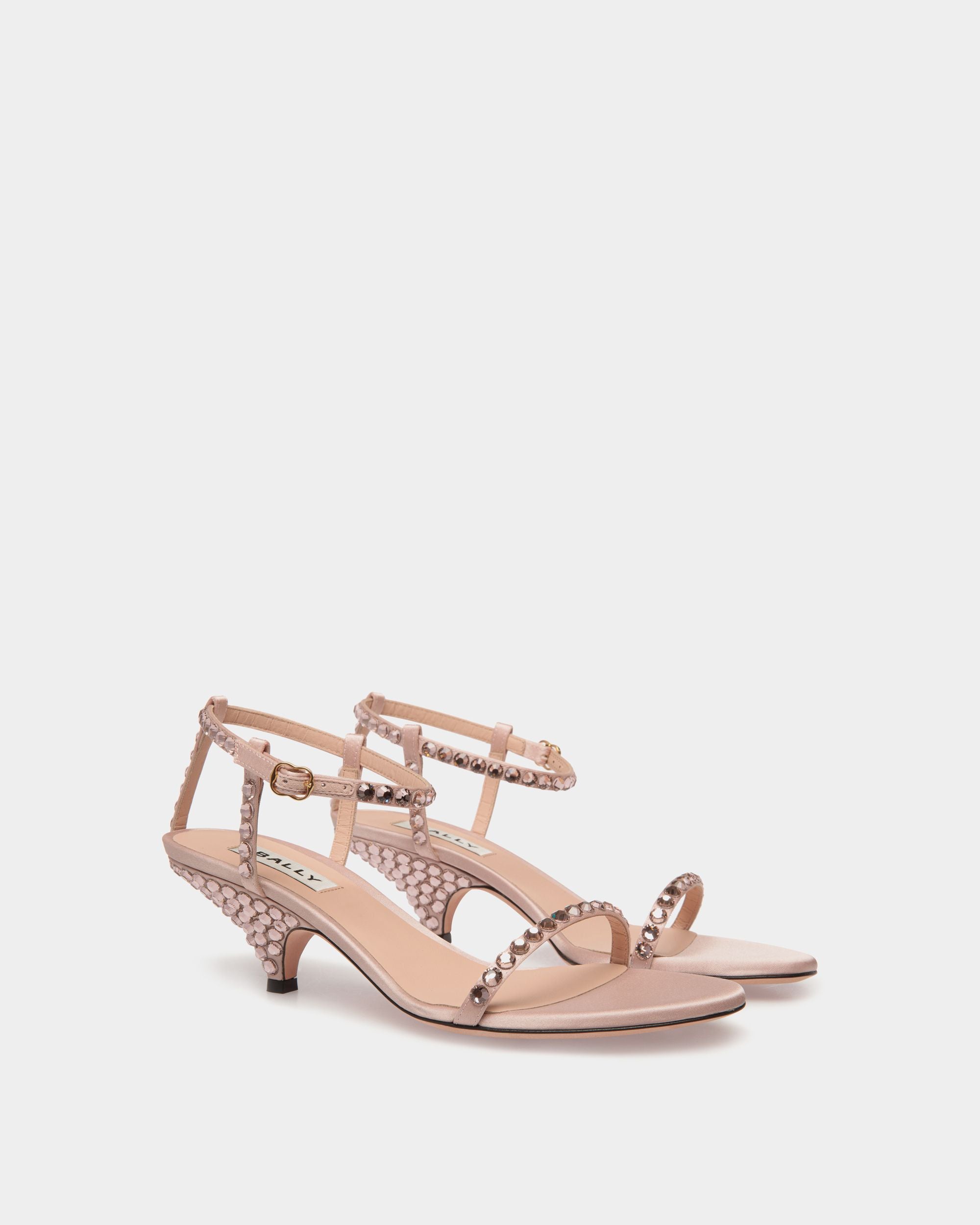 Katy | Women's Heeled Sandal in Light Pink Fabric with Crystals | Bally | Still Life 3/4 Front