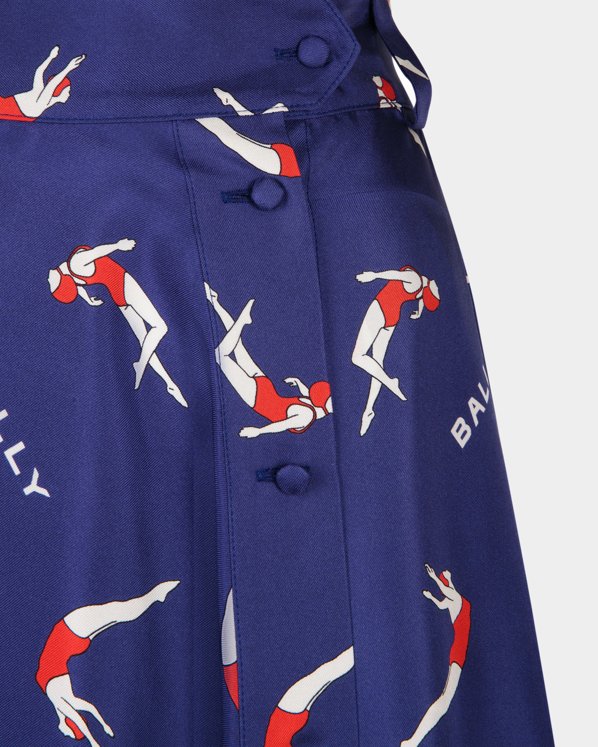 Women's Printed Midi Skirt in Blue Silk | Bally | On Model Detail
