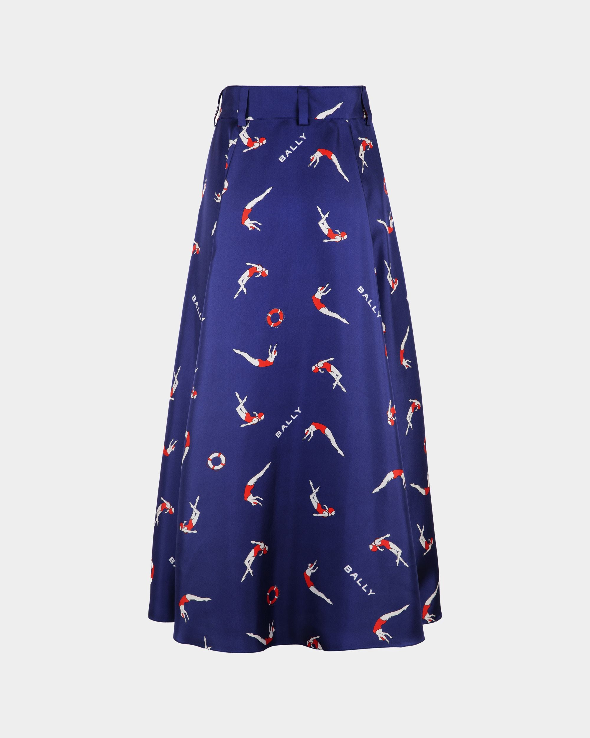 Women's Printed Midi Skirt in Blue Silk | Bally | Still Life Back