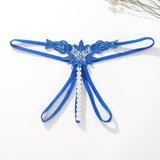 Erotic Embroidered Flower Open Crotch Pearl G-string Blue