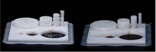 Figure 1: Print assessing dimensional accuracy in untreated nylon with 3% humidity (left) and nylon with 3% humidity that has been treated with Drywise in-line dryer (right).