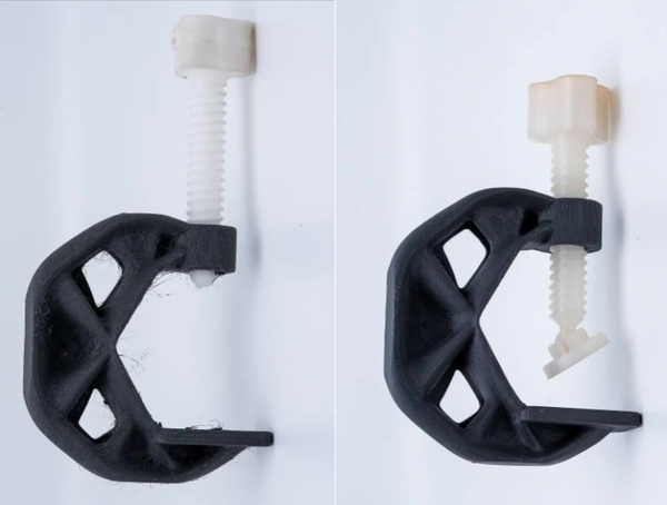 Figure 5: Clamp printed with Jabil PA 0600 (Black) and Addigy F1030 (Natural) filaments. Untreated (left) and printed with Drywise in-line dryer (right).