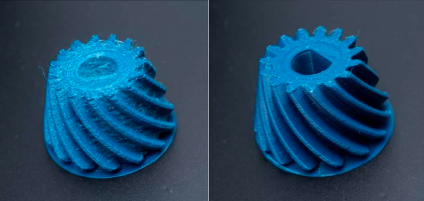 Figure 6: Gear printed with Jabil PA 0600, untreated (left) and printed with in-line dryer using Drywise (right).
