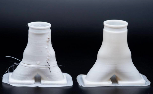 Figure 7: Part printed using Luvocom 3F PA 50347 NT, untreated (left) and printed using in-line drying with Drywise (right).