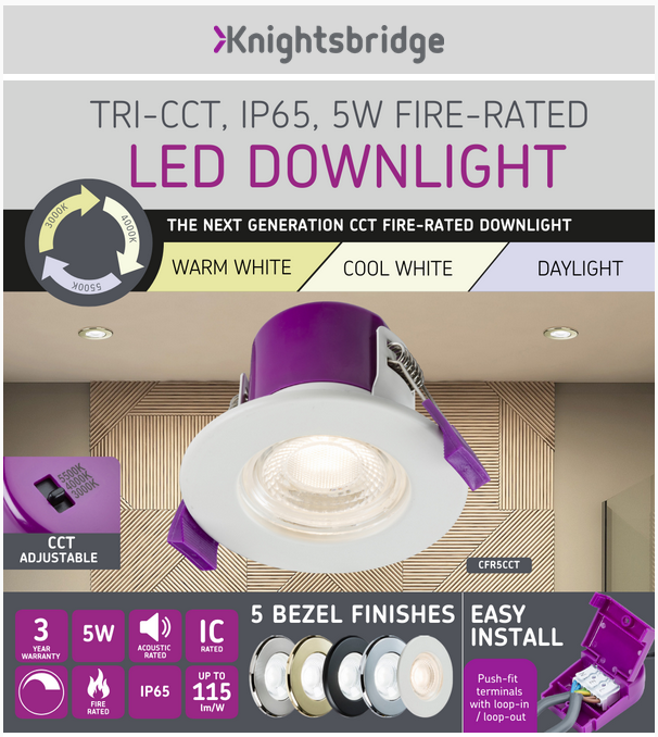 Knightsbridge CFR5CCT Tri-CCT IP65 Fire-Rated 5W LED Downlight | westbasedirect.com