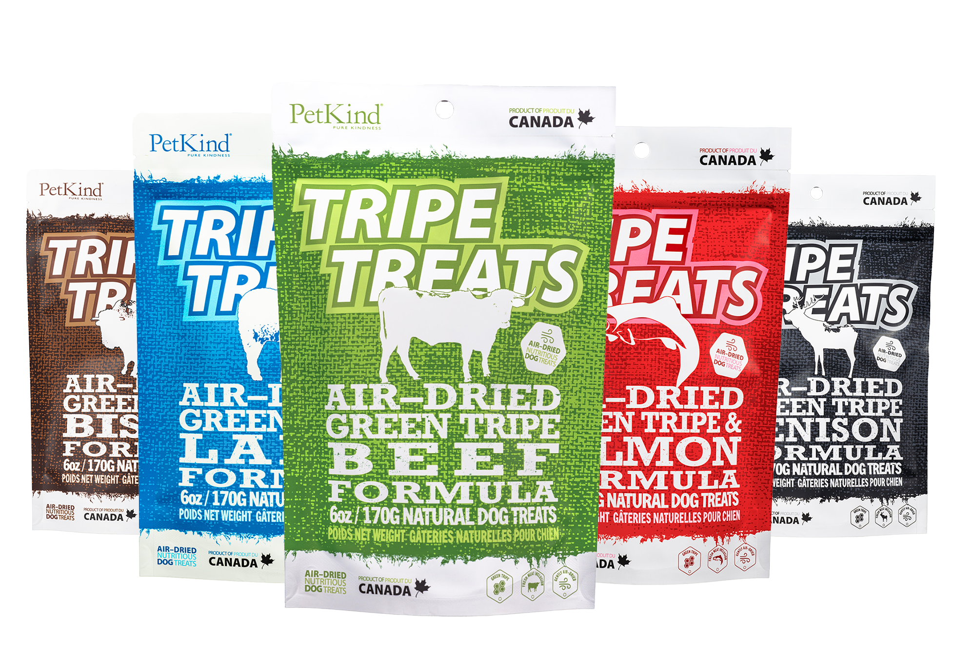 6 oz bags of different variants of the Tripe Treat formulas.
