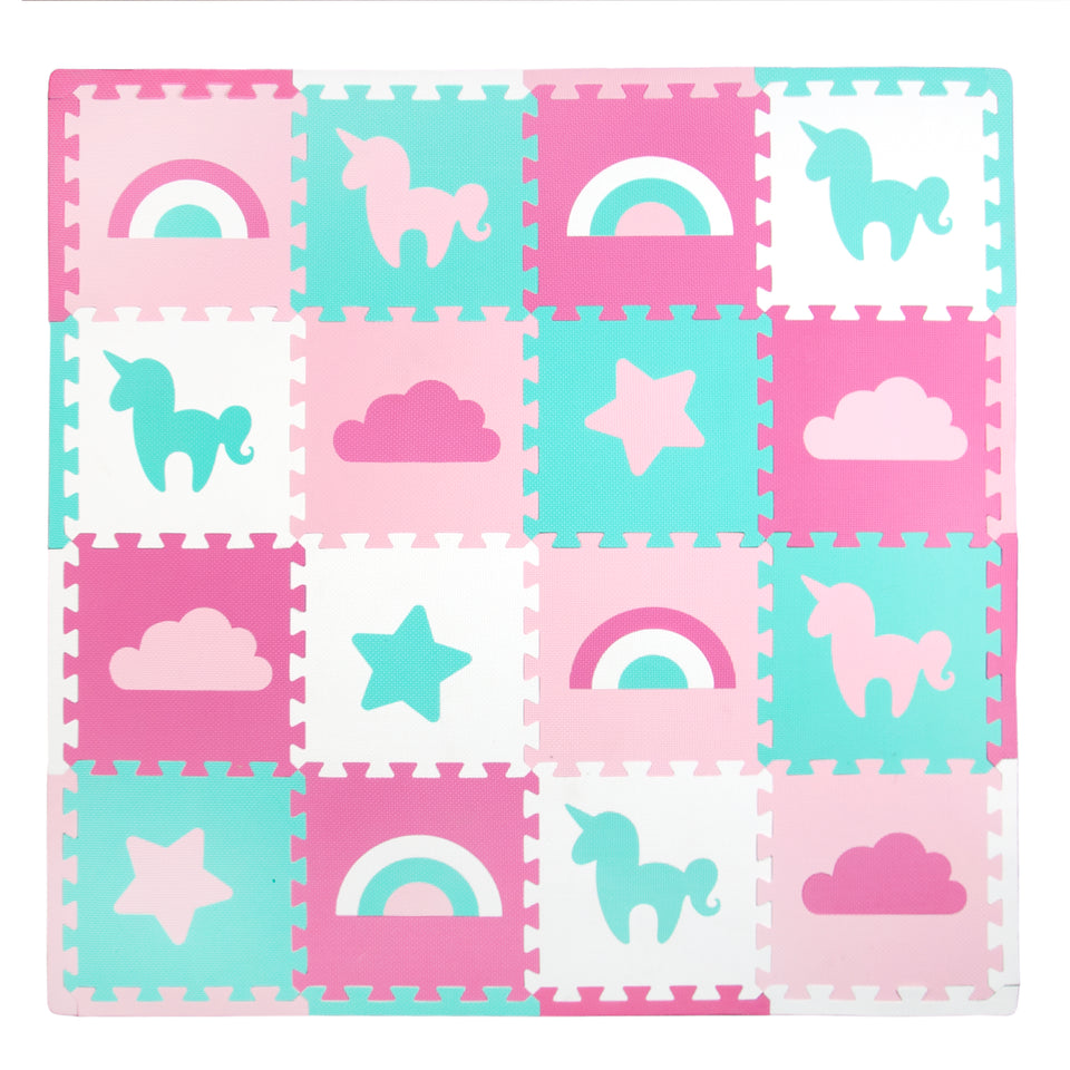 16 Piece Foam Play Mat Set Unicorns Rainbows Tadpoles