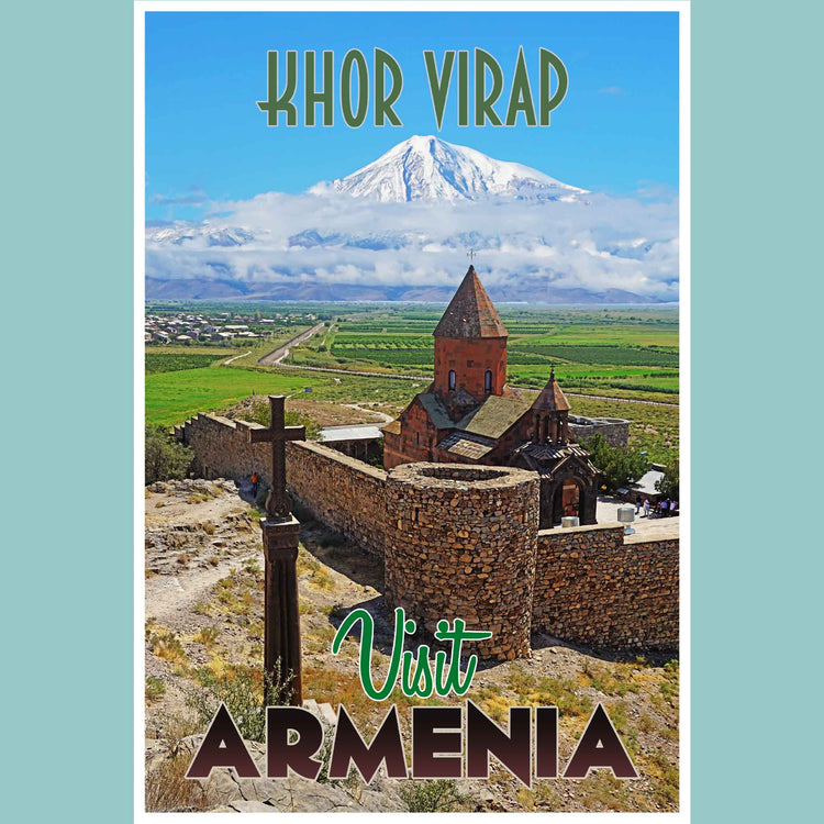  Vintage travel poster print showcasing the historic Khor Virab monastery, an iconic site in Armenia, an emerging travel destination, encapsulating the spirit of emerging world travel.