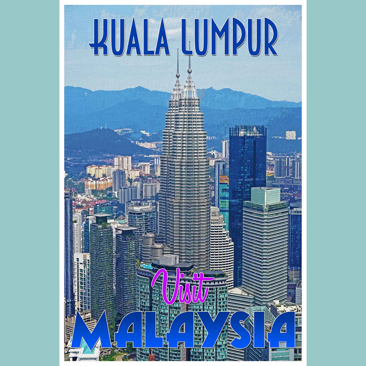 Vintage travel poster print showcasing the towering skyscrapers of Kuala Lumpur, an emerging travel destination in Malaysia, epitomizing the excitement of emerging world travel.