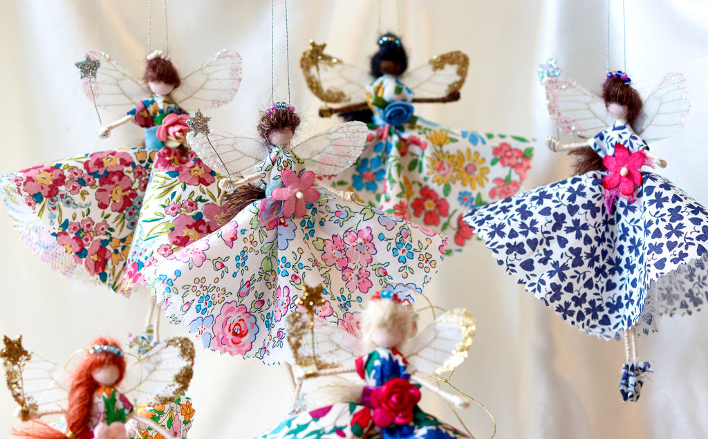 Handmade Fairy decorations, Liberty London Floral Tana lawn cotton fabric. Heirloom gift made in Cornwall.