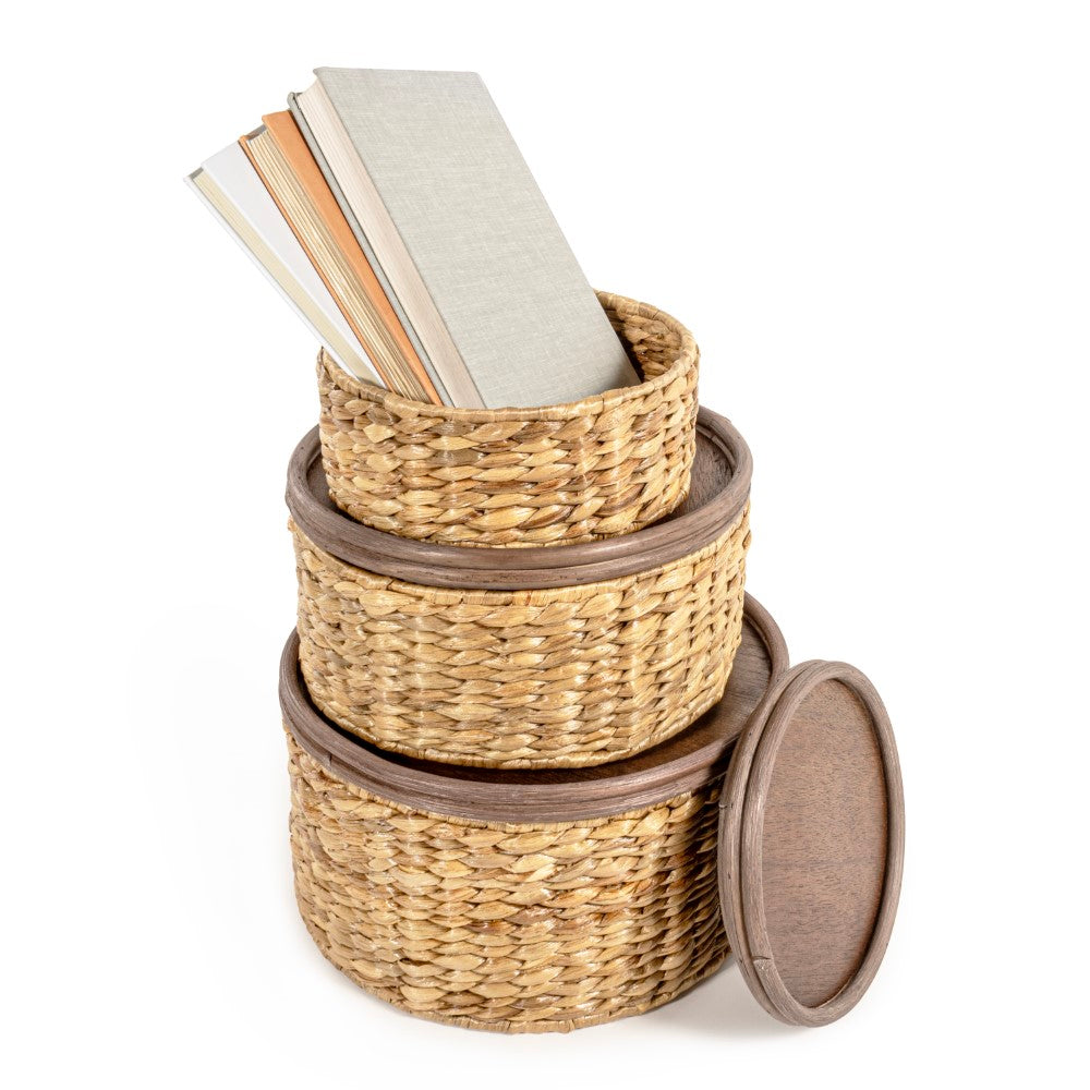 Gouda Southwestern Hand-Woven Hyacinth Circular Nesting Baskets with Wood Lids - Image 10