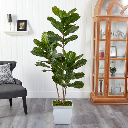 5.5’ Fiddle Leaf Artificial Tree in White Metal Planter(Indoor/Outdoor) by Nearly Natural
