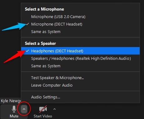 Zoom feature choosing speaker and microphone while in a meeting