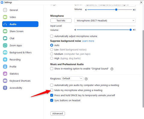 zoom feature muting microphone when joining meeting