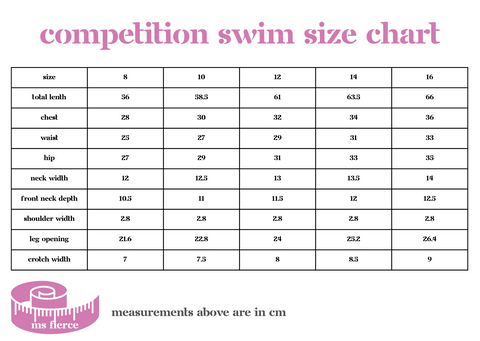Competition Swimwear Sizing Chart