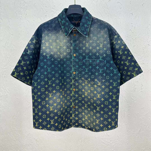 Louis Vuitton Rainbow Monogram Short-sleeved Denim Shirt Indigo Blue