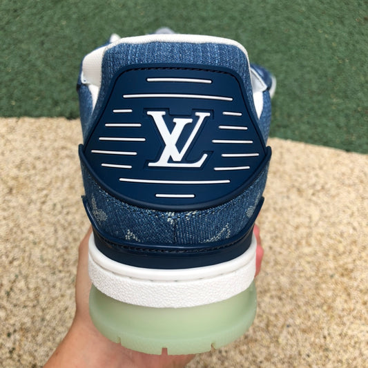 LOUIS VUITTON Calfskin Embossed Monogram Denim Mens LV Trainer Sneakers 9  Blue 1266492