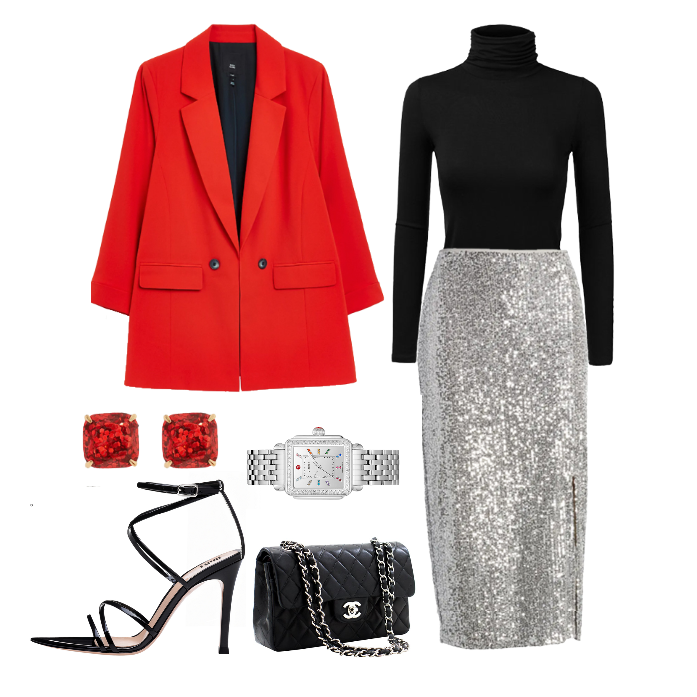 red blazer silver glitter skirt outfit 