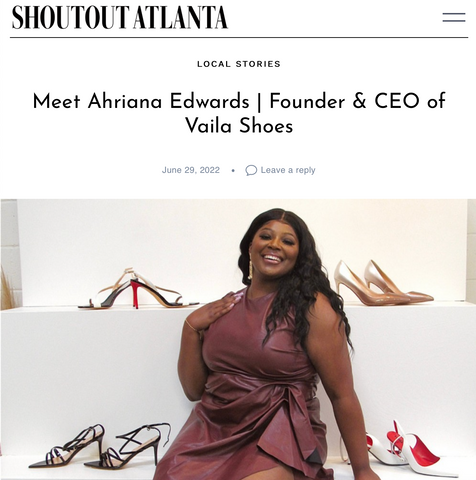 Vaila Shoes’ CEO and founder Ahriana Edwards with heels from the Executive Collection displayed behind her.