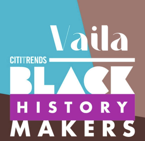 Citi Trends Black History Makers Winner Vaila Shoes graphic in blue, light brown, and dark brown.