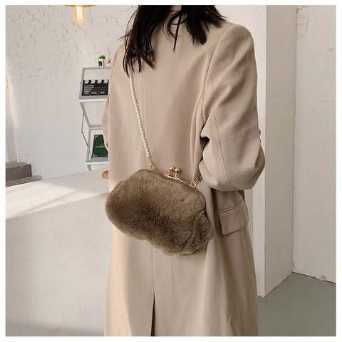 Brown Faux Fur Cross Body Bag On Sale