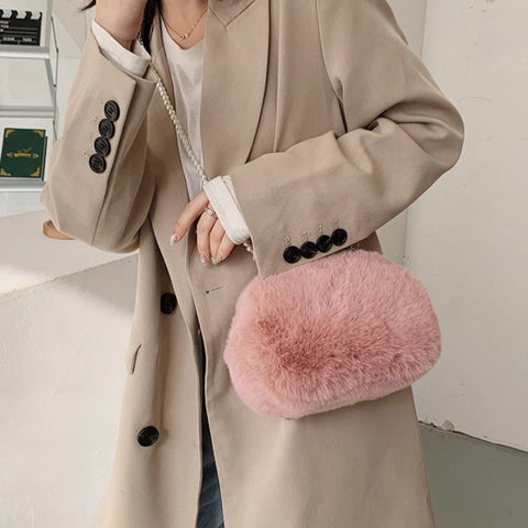 Pink Faux Fur Cross body Bag On Sale