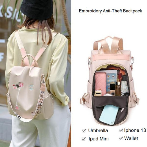 embroidered anti theft backpack for women on sale